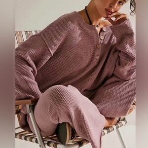Free People Hailee Set in Purple Waffle Knit 100% Cotton Wide Leg Oversized Sz S